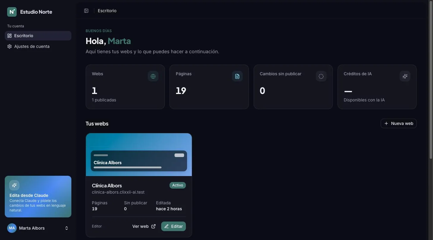 El panel que ve el cliente de una agencia, con el nombre, el logo y el color de la agencia