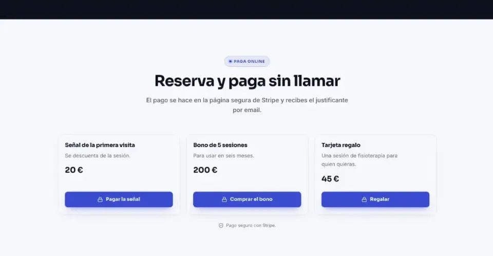 Bloque de pagos con Stripe de una clínica: señal de la primera visita, bono de 5 sesiones y tarjeta regalo, cada uno con su precio y su botón de pago