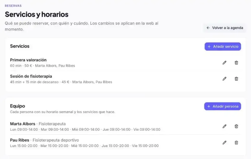 Servicios y horarios de las reservas en el panel de clixxii: los servicios de una clínica con su duración y precio, y el horario semanal de cada fisioterapeuta