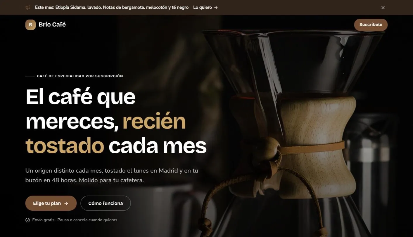 Landing de Brío Café, un tostador con suscripción de café hecho con clixxii