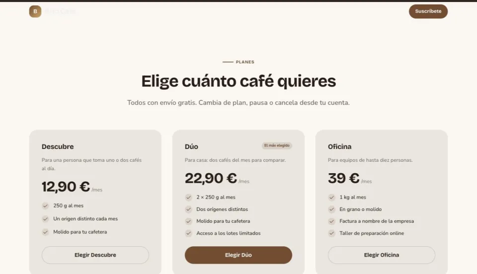 Planes de suscripción de Brío Café