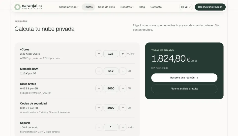 Calculadora de tarifas de Naranjatec Cloud