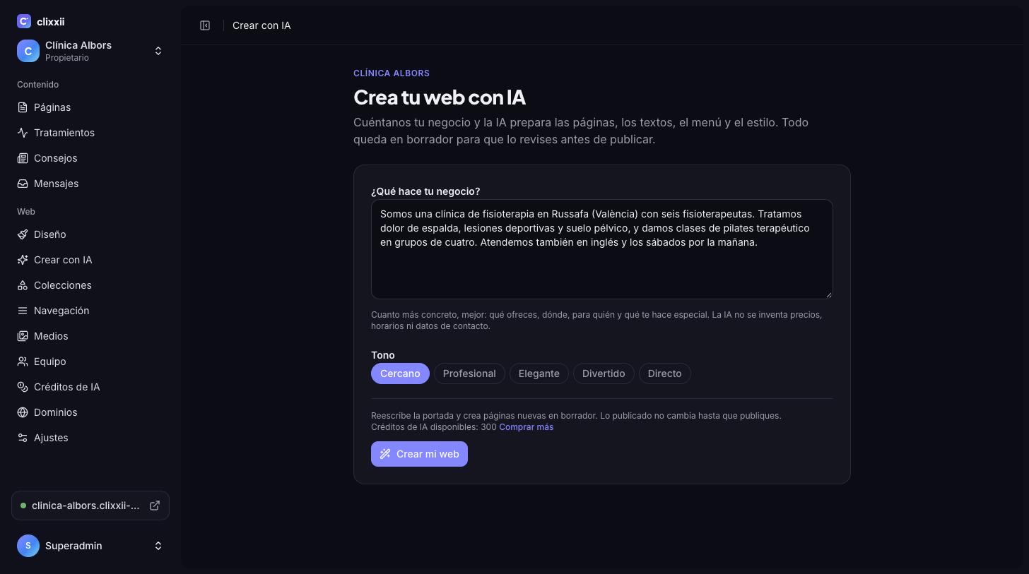 Pantalla para crear una web con IA a partir de la descripción del negocio