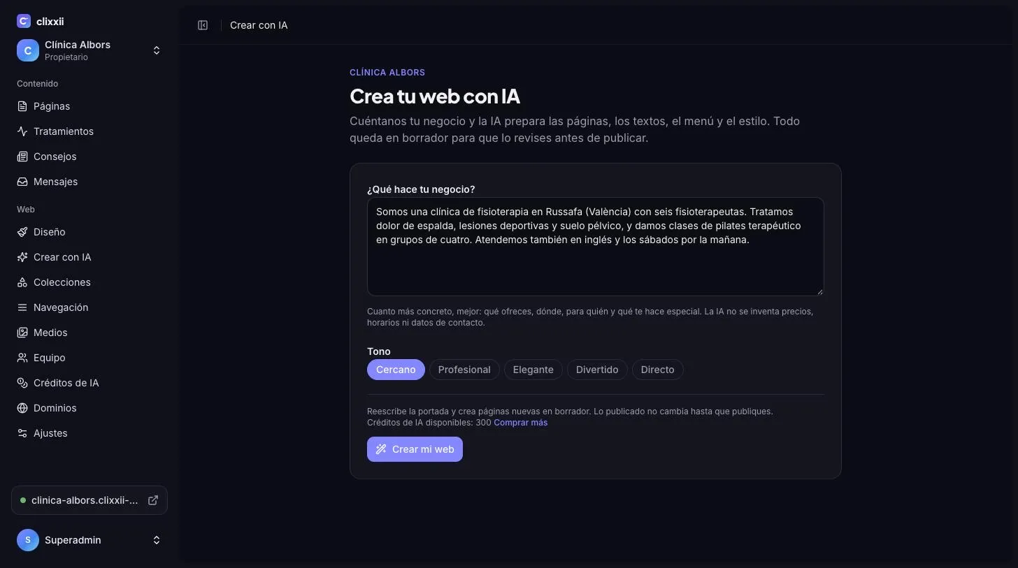 Pantalla para crear una web con IA a partir de la descripción del negocio