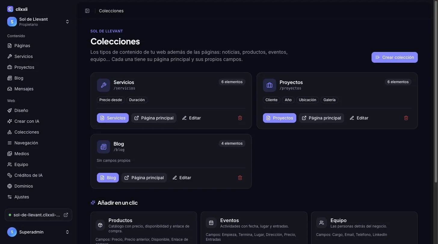Colecciones de contenido: servicios, proyectos, blog y plantillas para añadir más