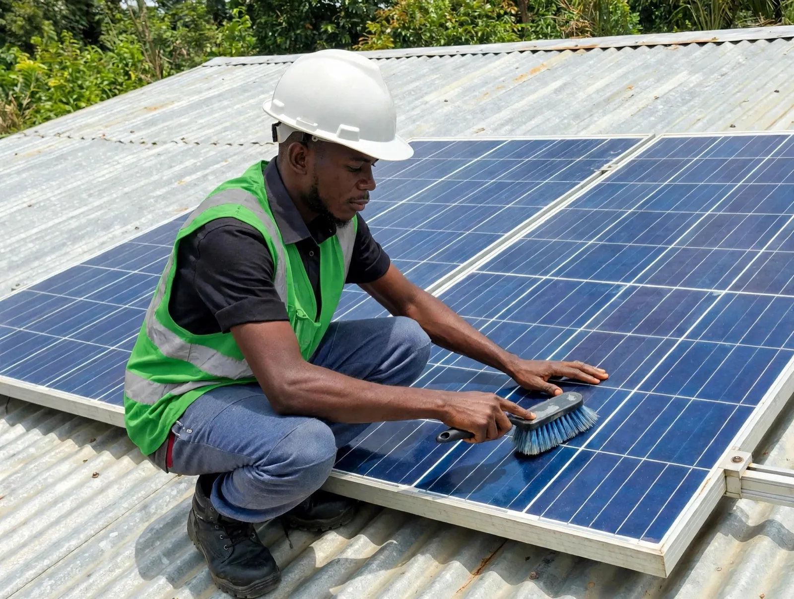 Técnico limpiando un panel solar