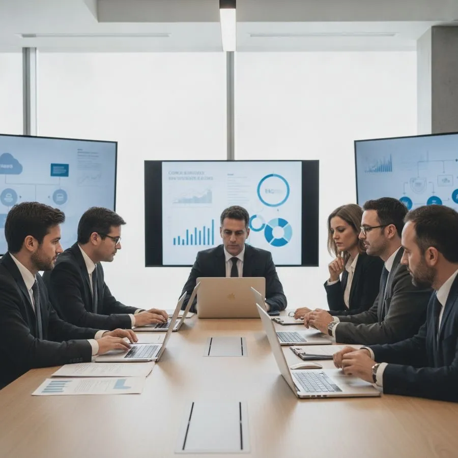 Reunión de directivos ante pantallas con gráficos e informes