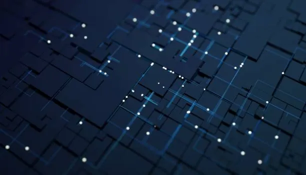 Placa de circuitos azul con puntos de luz que evoca el almacenamiento de datos en la nube