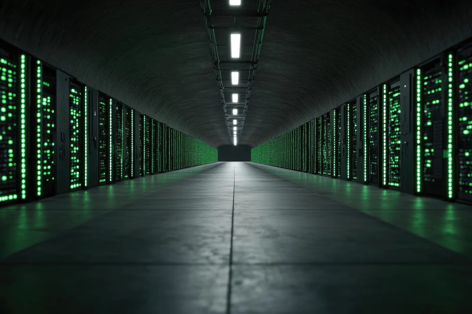 Pasillo de un centro de datos con racks de servidores iluminados en verde